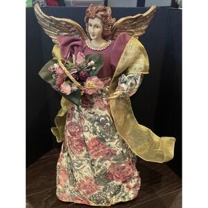 Vintage Angel Porcelain Christmas Tree Topper Floral Tapestry Dress Gold Ribbon‎